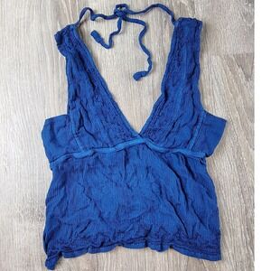 Blue Crinkle Gauze Halter Neck Tie Back Crop Top Boho Beach Vacation Resort Y2K